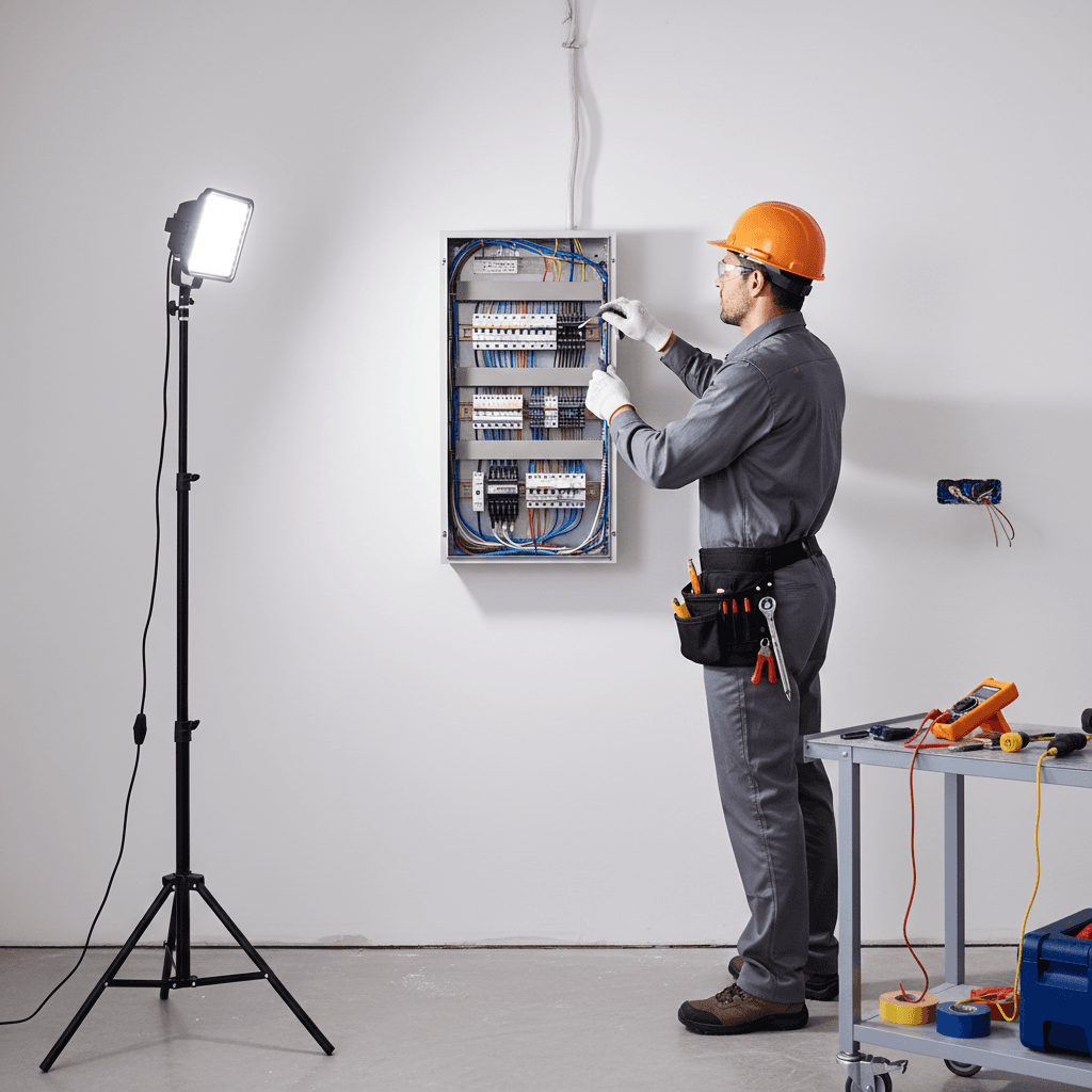 Técnico elétrico realizando instalação em painel de distribuição