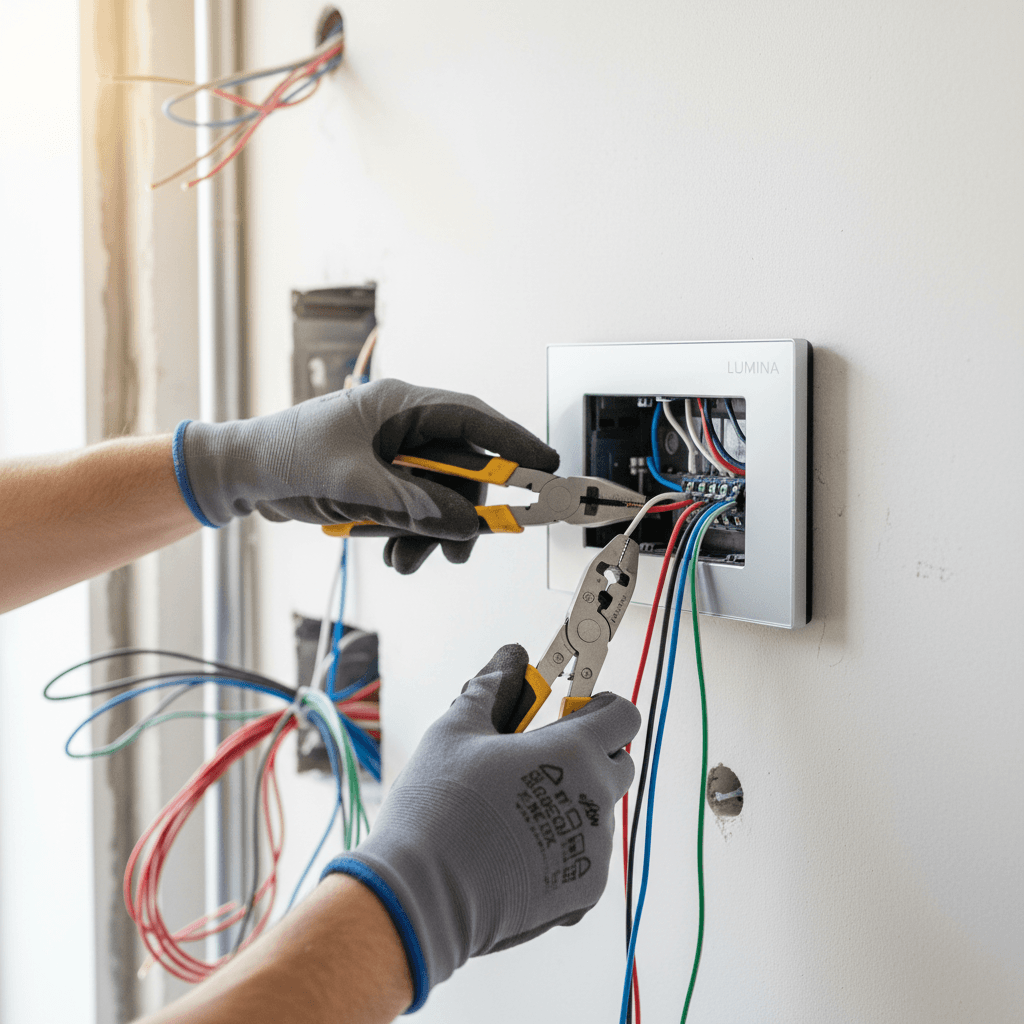 Electrician hands installing modern smart home control panel in residential wall with precision tools